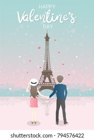 Valentine's card with couple holding hands and standing in front of Eiffel tower with city on the back, pastel color background flat design vector illustration. 