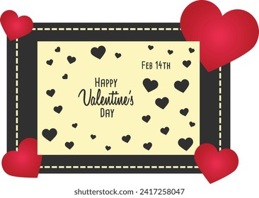 Valentine's card in cream color with black hearts, black text and black frame with cream colored dashed lines with red hearts in the corners