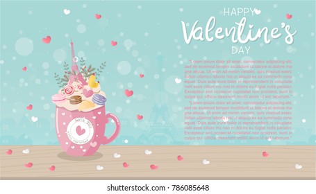 Valentine's card with a cup of coffee full of whipped cream, decorate with Eiffel tower, macaroons, sweet blue pastel background with Eiffel tower on the back. Text Happy Valentine's day. Vector illus