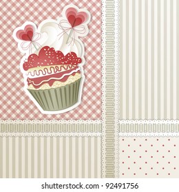 Valentine's card with cupcake and hearts decorations