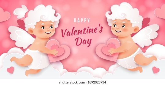 Valentine's card with cupids.Two cupids are holding hearts on the background of white clouds.