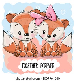 Valentines card with Cute Cartoon Foxes boy and girl