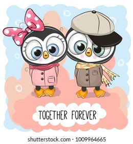 Valentines card with Cute Cartoon Penguins boy and girl