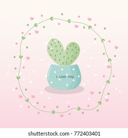Valentine's card with cute heart shape cactus and wreath with soft pastel background. Vector illustration.