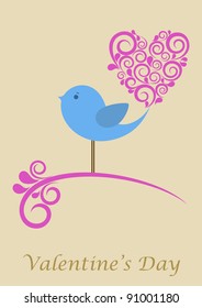 Valentine's Card with cute heart-shaped tail Bird