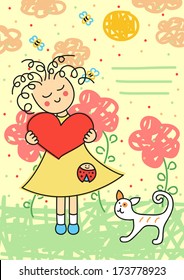 valentines card with a cute little girl and cat