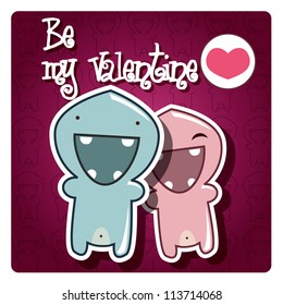 Valentine's card with cute monsters in love and a message, vector