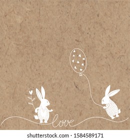 Valentine's card  with cute rabbits. Vector cartoon illustration place for text and wishes on kraft paper. Can be used  creating card or invitation card. Romantic background.