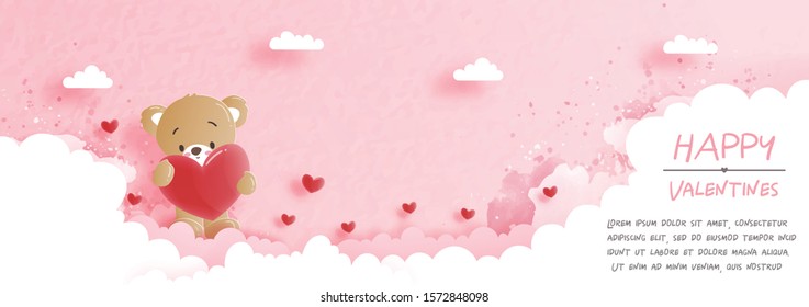 Valentines card with cute teddy bear in paper cut style vector illustration.