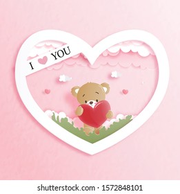 Valentines card with cute teddy bear in paper cut style vector illustration.