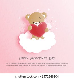 Valentines card with cute teddy bear in paper cut style vector illustration.