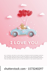 Valentines card with cute teddy bear and heart balloons in paper cut style vector illustration.