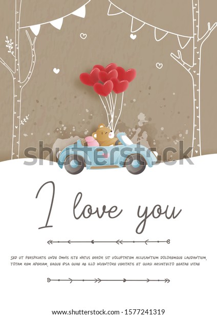 Valentines card with cute\
teddy bear \
 riding in a vintage car in paper cut style vector\
illustration.