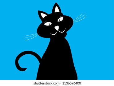 Valentines card design with cute black cat and blue copy space