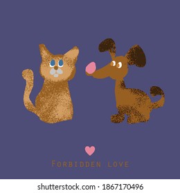 Valentine's card design. Cute childish square illustration of cat and dog in love. Forbidden love text with pink heart.
