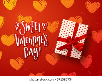 valentine`s  Card design with gift box, bows. Hand drawn calligraphy "sweet valentines day"