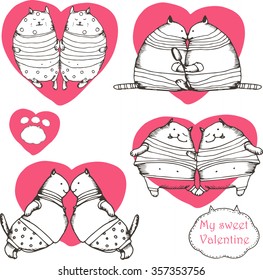 Valentine's card design.Funny doodles cats with hearts.  Vector illustration.