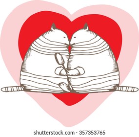 Valentine's card design.Funny doodles cats with hearts.  Vector illustration.