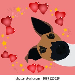 Valentines card with dog. Fox terrier with hearts around his had. Celebration vector background. Funny party. 