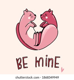 Valentine's card. Doodle red and pink cats in a shape of heart. Romantic vector. Celebration poster. Be mine.