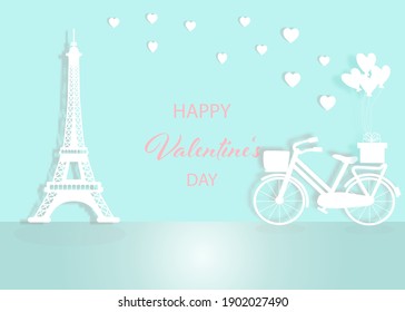 Valentine's card with eiffel tower ,bicycle and gift box.hearts flying on sweet blue background.Text Happy Valentine's day,paper cut style. Vector illustration.