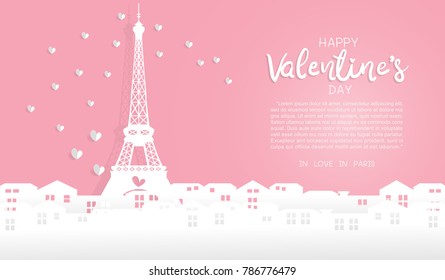 Valentine's card with Eiffel Tower and city with building. Paris, France symbols in paper cut style. Vector illustration.