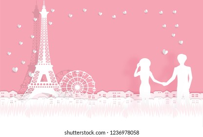 Valentine's card with Eiffel tower and in love couple with heart paper cut. all in paper cut style vector illustration