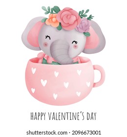 Valentine's card with elephant in the mug, vector illustration