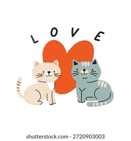 Tarjeta de San Valentín con dos lindos gatos de dibujos animados contra un corazón. Ilustración animal romántica para diseño de tarjeta de felicitación.