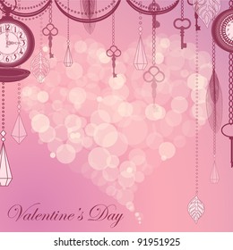 Valentine's card with flare heart ans antique clocks and keys