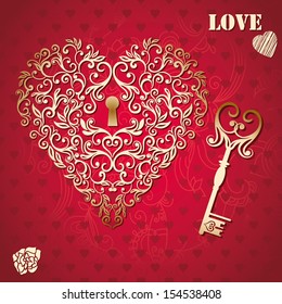 Valentines Card with floral heart and a key 