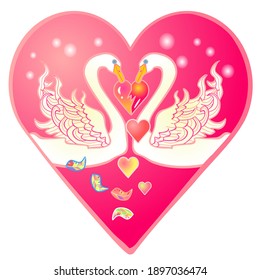 Valentines card in the form of a pink heart with a pair of swans, color vector clip art on a white isolated background