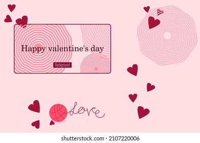 Valentines card with a frame and hearts on an abstract pink background. Doodle cartoon style.