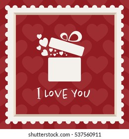 Valentines card with a gift in a frame red background