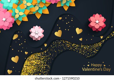 Valentines card with gold design and pink flowers. Dark vector greeting illustration with golden hearts and lights.
