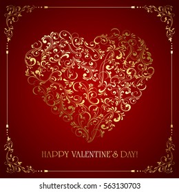 Valentines card with golden heart from ornate elements on red background, lettering Happy Valentines Day, illustration.