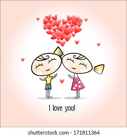 Valentines card. Happy Boy and girl hold red heart