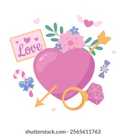 Valentine's card with a heart bouquet greeting card and wedding ring on a white