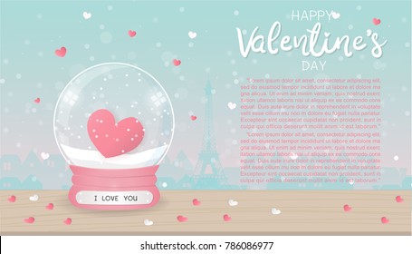 Valentine's card with heart inside a snow globe on a wooden table. Paris city on a background. Vector illustration. 