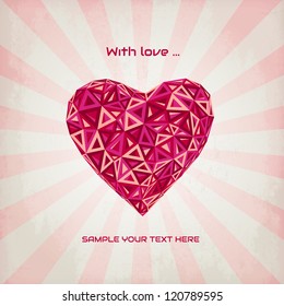 Valentines card with heart. Low poly triangle shape. Polygonal design. Retro hipster style
