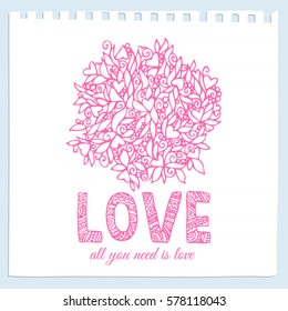 Valentine's card with heart ornament. All you need is love. Love card template.