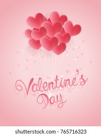 Valentines card with hearts balloons, sweet pink background, typography Valentine's day. Background, Vector illustration. 