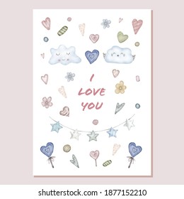 Valentines Card With Hearts, Sweets And Stars
