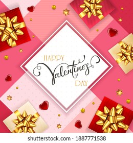 Valentines card with holiday decorations, gifts, hearts and stars. Black lettering Happy Valentine's Day. Illustration can be used for holiday design, posters, cards, websites, banners.