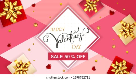 Valentines card with holiday decorations, gifts, hearts and stars. Lettering Sale and Happy Valentine's Day. Illustration can be used for holiday design, posters, cards, websites, banners, discount