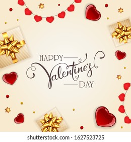 Valentines card with holiday decorations, red hearts and gifts on white background. Black lettering Happy Valentine's Day. Illustration can be used for holiday design, posters, card, websites, banners