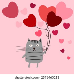 Valentine's card with the image of a cartoon cat holding balloons in the shape of hearts. Additionally on the background there are hearts in random order. The image is made in pink and red colors.