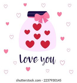 valentines card of jar with heart and phrase love you, vector illustration isolated on white background