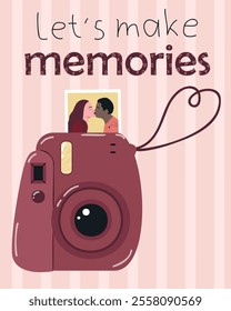 Valentines card with kissing couple. Let's make memories. Cute vertical vector illustration with photo camera