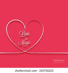 Valentines card with line heart and Love is Magic phrase. Flat shadow